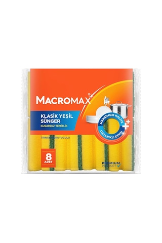 Macro Max Tırnak Koruyuculu Bulaşık Süngeri 8'li Paket Ergonomik Yeşil Klasik Sünger