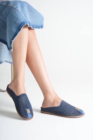Analin Shoes Kadın Hakiki Deri Delikli Günlük Rahat Terlik Mavi