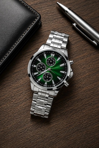 Erkek Gümüş Renk Metal Kordon Analog Kol Saati Takvim Göstergeli Yeşil Siyah Kadran - Gümüş Çok Renkli 61344954