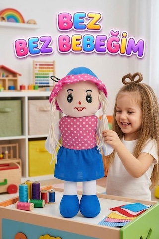 Fatma Bebek 48cm Büyük Puantiye Desenli Elbiseli Ve Şapkalı El Yapımı Oyuncak Bez Bebek Mavi