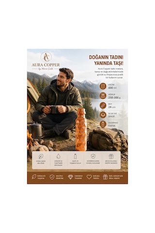 Otantik Pramit Desen Bakır Suluk Matara Su Şişesi Günlük - Spor - Okul 600 Ml -gümüş /rose Renk Seçenekli Altın