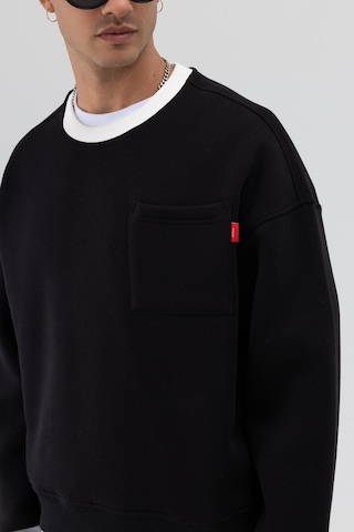 Vamos Bisiklet Yaka Cep Detaylı Oversize Sweatshirt Siyah