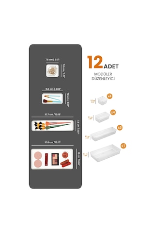 Meleni Home Dolap İçi Takı Makyaj Organizer Çekmece İçi Düzenleyici Set 12'li Şeffaf