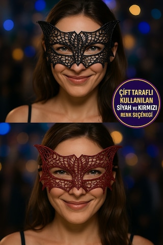 Dantelli Çift Renk Siyah Kırmızı Maske Şık Parti Kostüm Aksesuarı Kadın Yüz Maskesi Model - 6