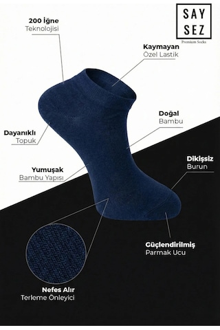 Saysez Bambu Kadın Patik Düz Lacivert Çorap Dikişsiz Premium 3'lü Paket Lacivert