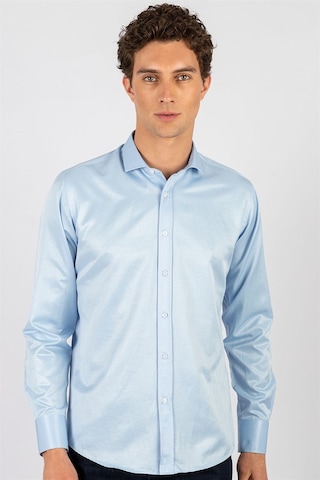 Tudors Modern Slim Fit Uzun Kollu Düz Saten Pamuklu Erkek Mavi Gömlek-23904 Mavi