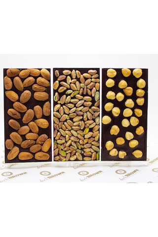 Dark Brown Tablet Bar Çikolata Gerçek Bitter Çikolata Badem Fındık ve Antep Fıstıklı 3 x 100 G
