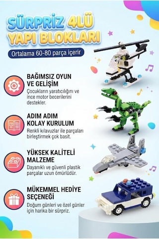Sürpriz Yumurta 4'lü Set Dinozor Ve Araç Figürlü Yapı Blokları Eğitici Öğretici Parçalı Oyuncak