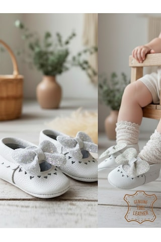 Denokids Kız Bebek Patik Hakiki Deri Taşlı Beyaz Yumuşak Taban Ayakkabı 17-21 Numara Renkli