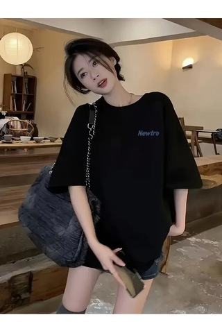 Wear Vexel Kadın Tişört Newtro Baskılı Oversize Bisiklet Yaka T-shirt - Siyah Siyah