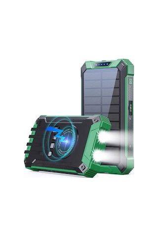 10000mah Powerbank Solar Güneş Enerjili Wireless Kablosuz Şarj Özellikli Taşınabilir Şarj Led Işıklı Yeşil
