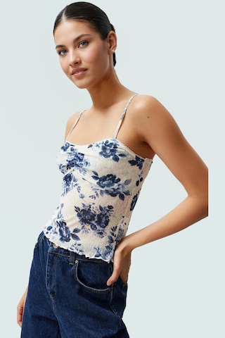 Ersefa İnce Askılı Çiçekli Crop Bluz Rahat Şık Ve Yazlık Polyester Örme Mavi