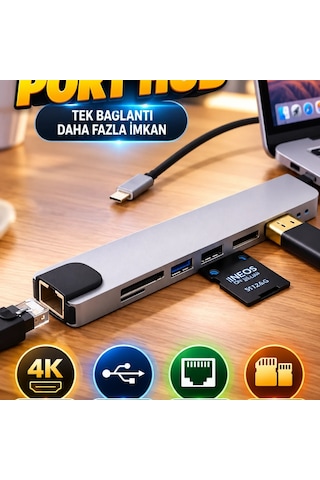 Type-c Çoklu Port Hub 4k Hdmı, Usb, Ethernet, Sd Ve Tf Kart Okuyucu