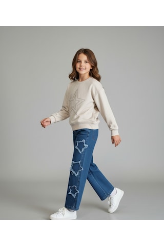 Badili Taş İşlemeli Yıldız Detaylı Kız Çocuk Takım Beyaz