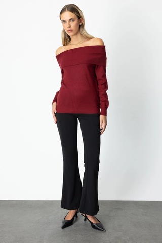 On Fashion Kadın Omzu Açık Bordo Kazak 65380 Bordo