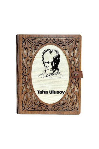 Atatürk Tasarımlı Kişiye Özel Ahşap Defter - İsme Özel Kahve