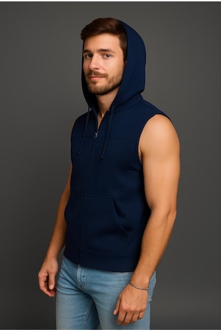 Axxel Erkek Lacivert Fermuarlı Kapüşonlu Kanguru Cepli Kolsuz Yelek-y1142 Lacivert