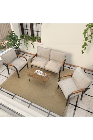 Mygusi Hayal Balkon, Bahçe, Cafe - Metal Kanepe Koltuk Takımı - 2+1+1 Sehaplı Krem
