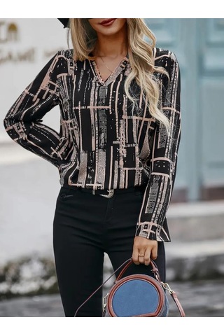 Kadın Uzun Kollu V Yakalı Desenli Dalgıç Bluz Siyah