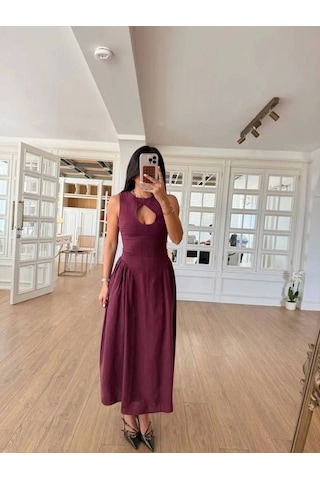 Moda Assema Kolsuz Uzun Kabardin Elbise - Bordo Çok Renkli