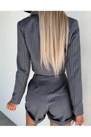 Hgfashion Atlas Çizgi Desenli Kumaş Şort Ve Ceket İkili Takım Siyah Renk Siyah