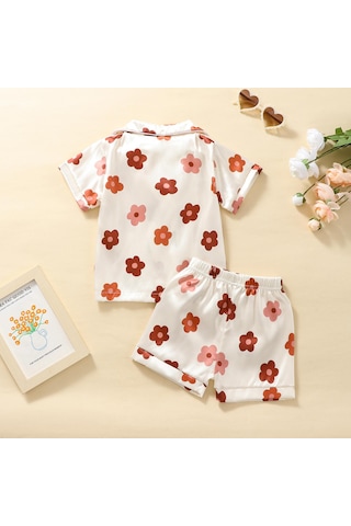 Çocuk Kız Yaz Giysileri Kıyafetler Çiçek Baskı Turn-aşağı Yaka Kısa Kollu Üstler Ve Elastik Bel Şort 2 Adet Takım Elbise Kayısı