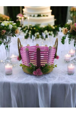 Dekoratif Hasır Sepet Organizer Takı Makyaj Kutusu Komidin Üstü Banyo Kutusu Pembe