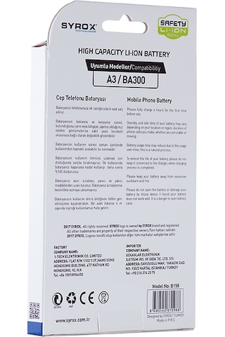 Syrox Samsung Uyumlu Galaxy A3 Ba300 Batarya 1900 Mah B158