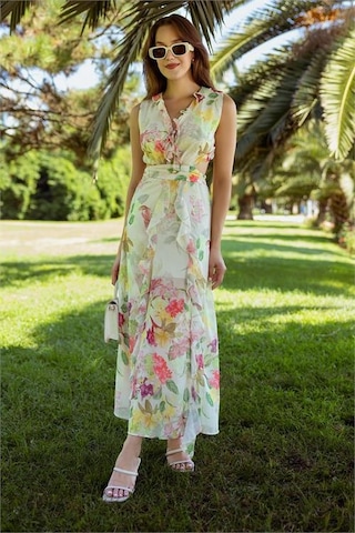 Neşeli Butik Kadın Çiçek Desenli Yazlık Elbise Nbmy3788 Ekru