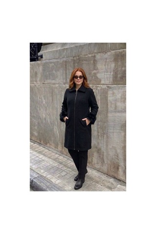 Onno Style Women Kol Ağzı Kürklü Çelik Örgü Triko Kadın Kaban Siyah