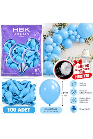 100 Adet Makaron Mavi 5 İnç 12 Cm Lateks Balon + 5 Metre Balon Zincir Şeridi Hediye Açık Mavi