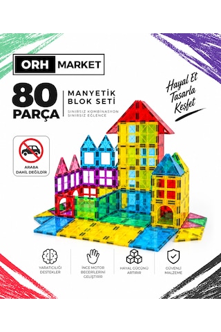 80 Parça 7.5 Cm Büyük Boy Manyetik Blok Seti Güçlü Mıknatıslı Zeka Geliştirici Eğitici Oyuncak