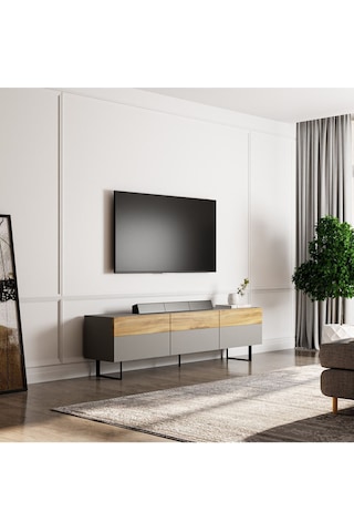 Sign Kapaklı Tv Ünitesi, Tv Sehpası - Metal Ayak - Gri/traverten - Sis Gri/kilim Sis Gri/kilim