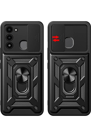 Tecno Spark 8c Kılıf Magnetik Standlı Kamera Korumalı Zore Sürgülü Vega Kapak Siyah
