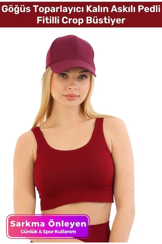 Fantazer Premium Göğüs Toparlayıcı Sarkma Önleyen Spor Günlük Kalın Askılı Pedli Fitilli Crop Büstiyer Bordo