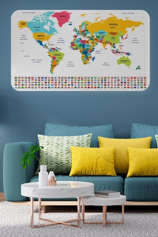 Türkçe Ülke Bayrak Lı Eğitici Başkent Detaylı Atlası Dünya Haritası Duvar Sticker -60x105-3834 - Renkli Çok Renkli