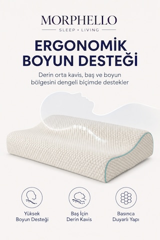 Morphello Neck Support Ortopedik Boyun Destekli Visco Yastık 60x40 Cm Memory Foam, Fermuarlı Yıkanabilir Kılıf Beyaz - Yeşil