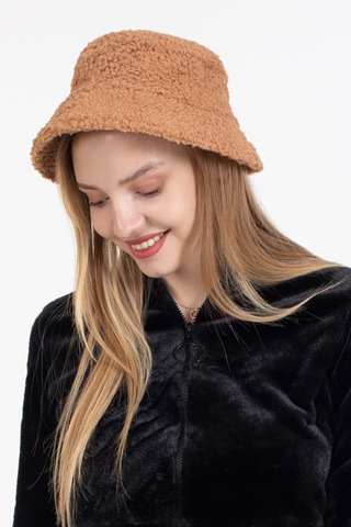 Ladycolor Kadın Kışlık Şapka Peluş Kumaş Bucket Modeli Camel Camel