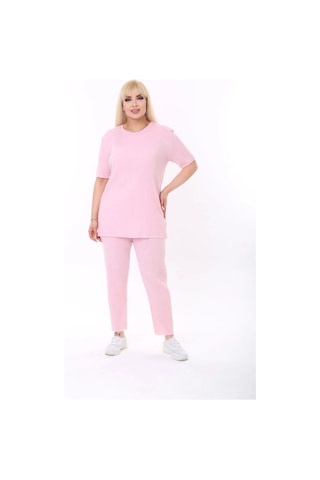 Modasehle Kısa Kollu Beli Lastikli Yırtmaçlı Rahat Kalıp Ikili Kaşkorse Takım Pembe