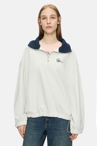 Ucla Yoko Kemik Rengi Fermuarlı Baskılı Oversize Fit Kadın Sweatshirt Kemik Rengi
