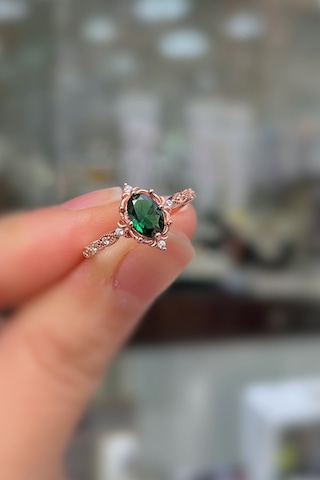 925 Ayar Gümüş Rose Gold Oval Kesim Yeşil Taşlı Vintage Tasarım Kadın Yüzük Rose