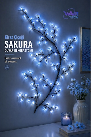 Kiraz Çiçeği Sakura Led Duvar Dekoru 144 Led Ağaç Dalı Işık, 8 Mod, Kumandalı Mavi