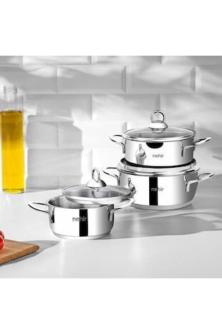 Nehir Silver 6 Parça Paslanmaz Çelik Mini Tencere Seti (12-14-16 cm)