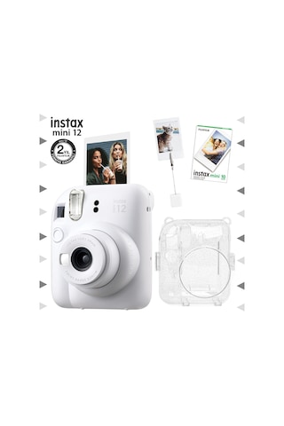 Fujifilm Instax Mini 12 Fotoğraf Makinesi + 10'lu Film + Kıskaçlı Resim Standı + Simli Pleksi Kılıf Seti Beyaz