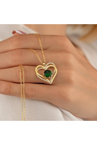 Gümüş Pazarım Zümrüt Taşlı Altın Kaplama Kalp Gümüş Kolye