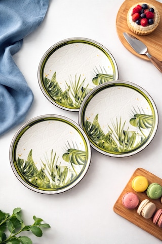 Yeşil Tropikal Desenli Pasta Tabağı Seti 6 Adet 20 Cm - Modern Şık Sunum Tabakları Koyu Yeşil