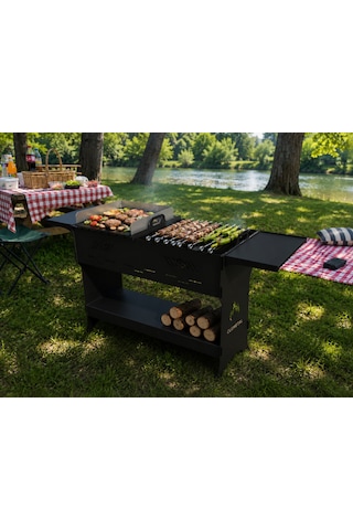 Premium Bahçe Piknik Kamp Mangalı 3 Mm Çelik Gövde Krom Izgaralı 120 Cm Siyah