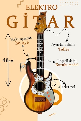 48cm Oyuncak Elektro Gitar - Akort Edilebilir 6 Telli Kahverengi Elektro Çocuk Gitarı Askı Aparatlı