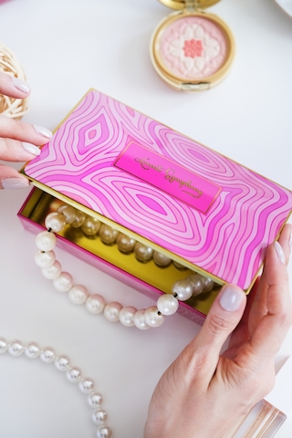 Premium Pembe Dalga Desen Dekoratif Organizer Kutu Takı, Makyaj, Dikiş Ve Aksesuar Saklama Kutusu 160x102x50 Mm