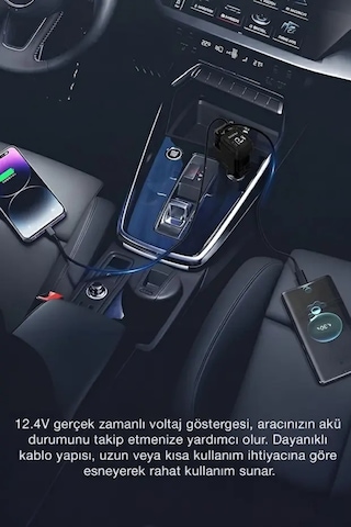 66w Araç Hızlı Şarj Cihazı Usb-c & İos Uyumlu Geri Çekilebilir Kablo Dijital Ekran 66w Black
